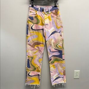 Zara Multicolor Retro Swirl Printed High Rise Straight Denim Jeans Raw Hem 0